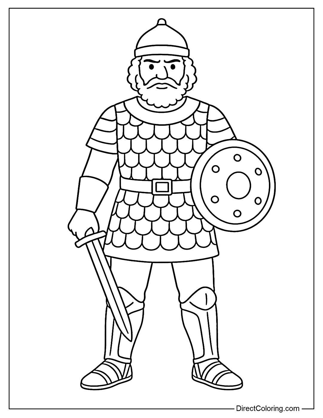 Coloring page of ancient Persian warrior wearing armor, holding shield and sword, standing majestically.